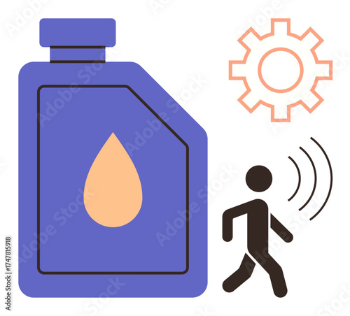 Oil container with orange droplet, walking person emitting sound waves, and gear symbol suggesting technology, fluidity, motion, efficiency, industry, automation and sustainability. Ideal for simple