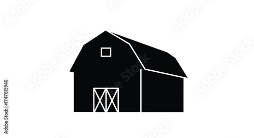 Iconic silhouette of a classic american barn with a gambrel roof and double doors silhouette