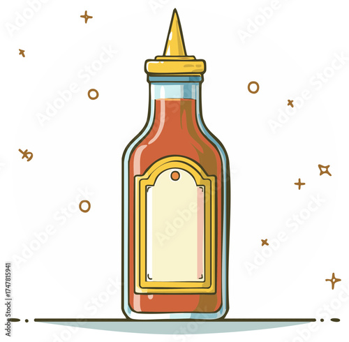 Illustration of a bottle of sauce with a blank label, cartoon style.