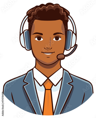 Illustration of dark-skinned man wearing headset, customer service representative, smiling, wearing suit and tie