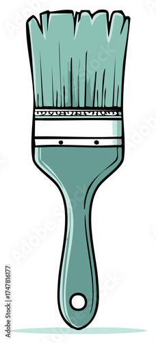 Hand drawn illustration of a teal paintbrush with a hole in the handle and black outlines
