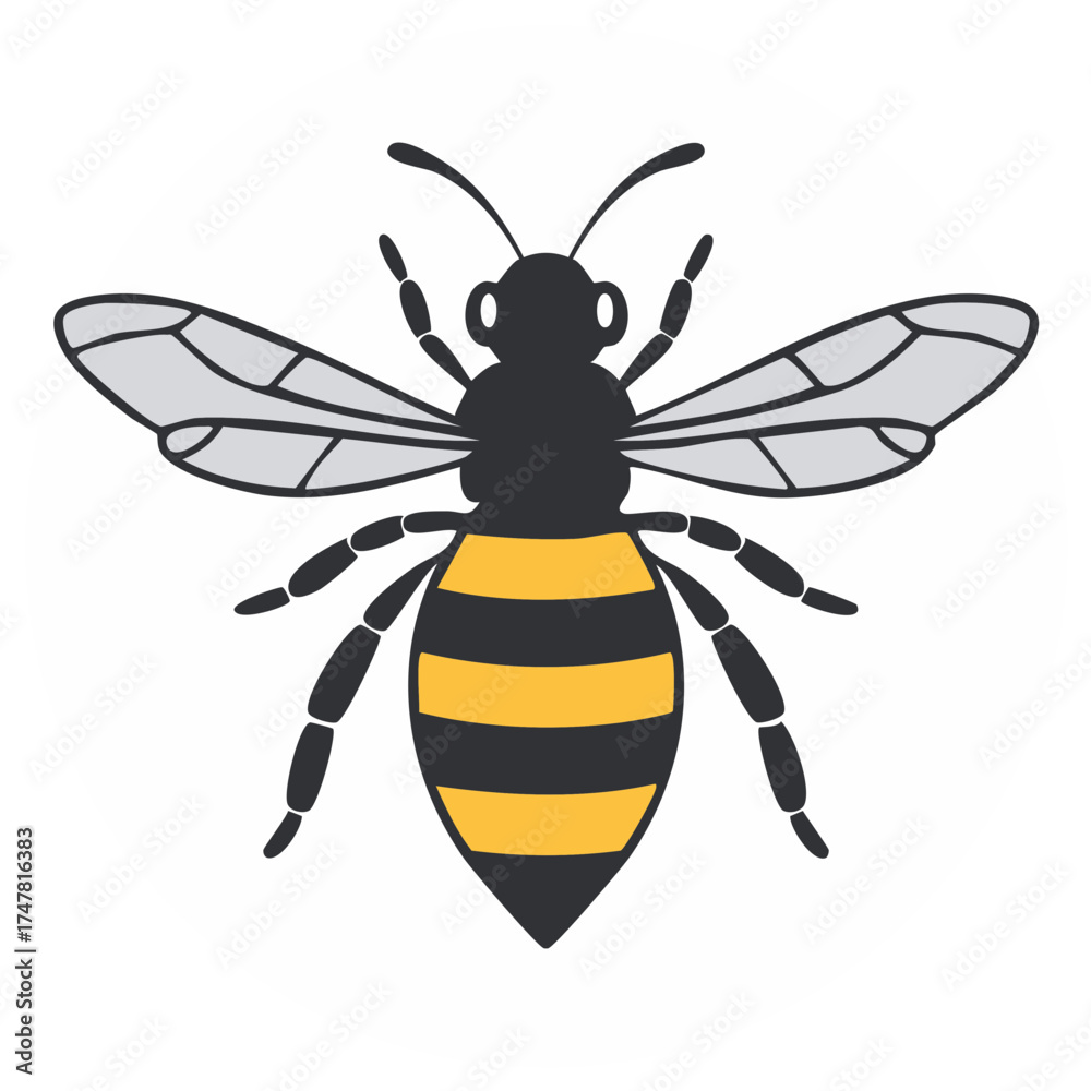 Obraz premium Stylized cartoon bee with black and yellow stripes and translucent wings