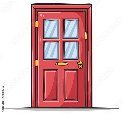 Vibrant red front door with four glass panels and gold hardware, illustration