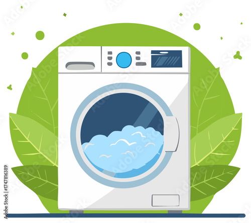 Eco friendly laundry concept illustration of a washing machine with natural green leaves