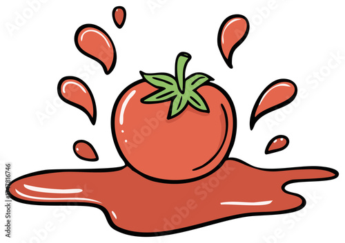 Illustration of a Red Tomato with Green Stem Surrounded by Splashes of Sauce or Juice