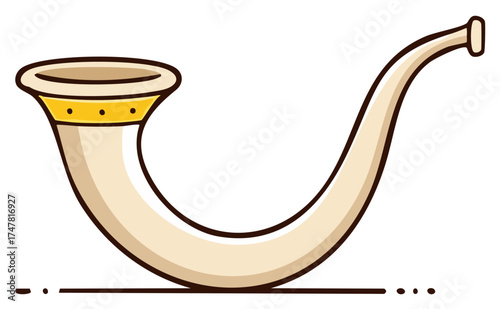Stylized drawing of a hunting horn with gold details and a clean outline design