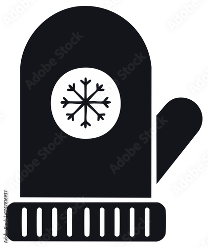 Simple black mitten icon with snowflake illustration for winter cold weather