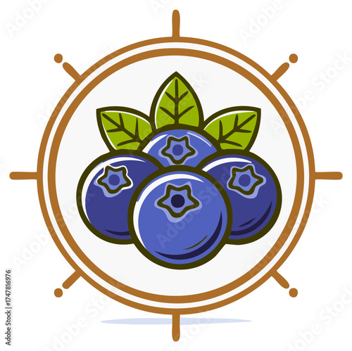 Healthy blueberries with leaves inside a rustic steering wheel emblem, symbolizing nature and guidance