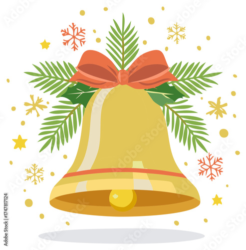 Golden Christmas Bell with Red Bow and Festive Snowflakes and Stars