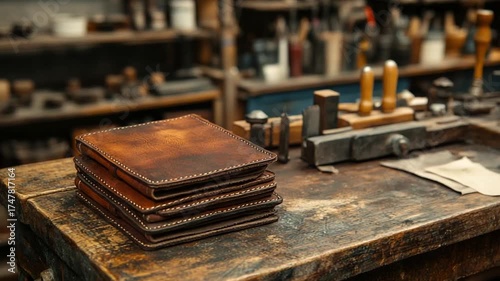 Vintage Leather Notebooks Stacked on a Rustic Workbench.