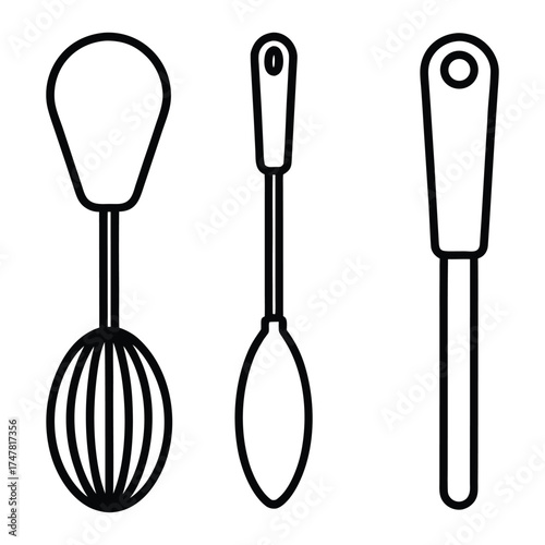 Premium hand drawn kitchen utensils collection featuring whisks and spatulas