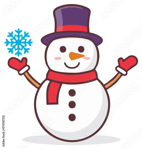 Festive smiling snowman in a top hat scarf and mittens holding a snowflake