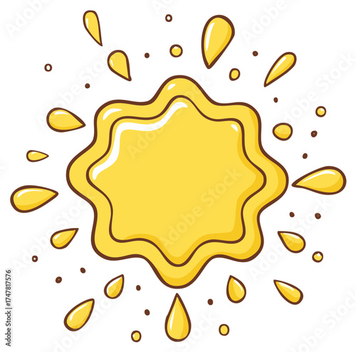 Yellow liquid splash cartoon illustration with glossy drops and splatters