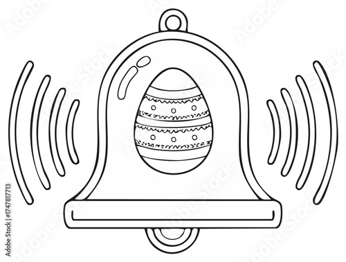 Easter bell ringing with an Easter egg inside, black and white illustration, springtime.