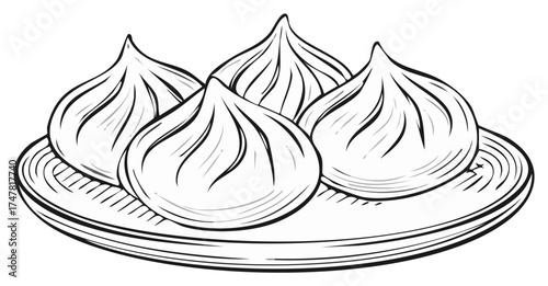 Steamed dumplings on a plate in outline style Asian food dim sum monochrome illustration Asian cuisine
