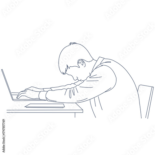 Creative design vector art of overworked student or employee sleeping on laptop at desk