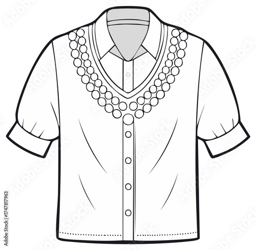 Women short sleeve blouse design with embellished Vneck neckline and puffed sleeves