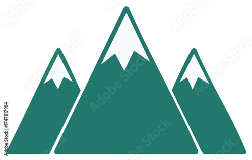 Mountain Range Silhouette with Snow Caps, Outdoor Adventure Icon, Simplified Flat Vector Graphic