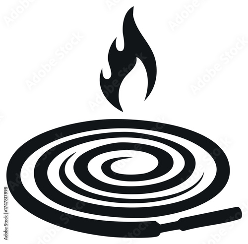 Black silhouette of a burning bomb fuse or firecracker wick in a spiral coil