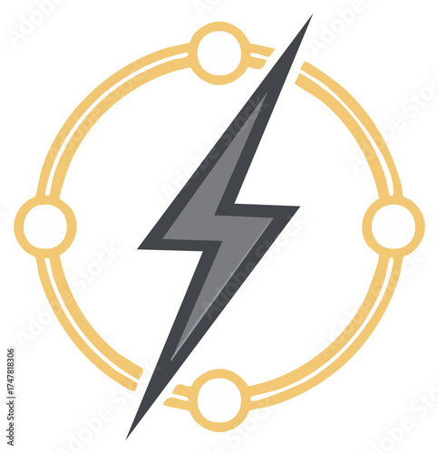 Grey Lightning Bolt Electrical Charge inside Yellow Circle with Connected Dots Symbol