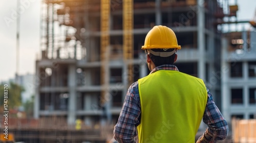 Construction worker overseeing building site urban environment photography daylight perspective on industry progress