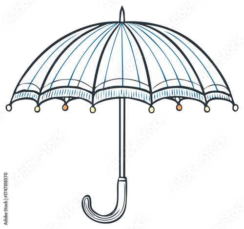 Whimsical blue lined umbrella with decorative colorful beads adorning the edge