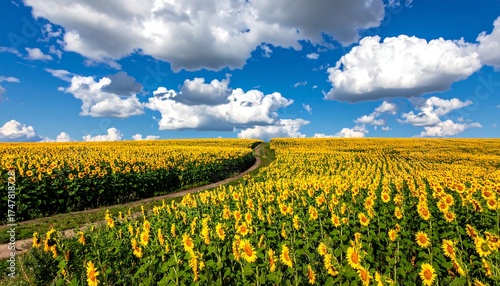 Vast field of yellow flowers and pathway, under a bright blue sky