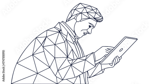 Geometric man with tablet illustration featuring polygonal design and monochrome color palette in line art style
