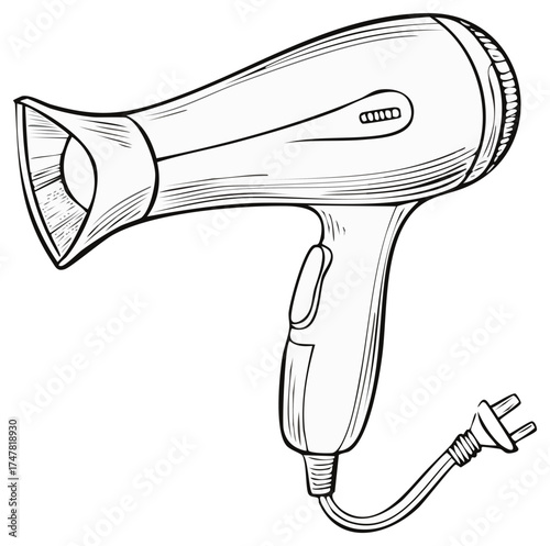 Stylized drawing of a hair dryer with a cord and plug