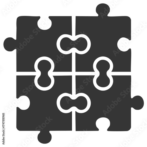 Assembled four piece jigsaw puzzle icon representing teamwork, connection, and solutions