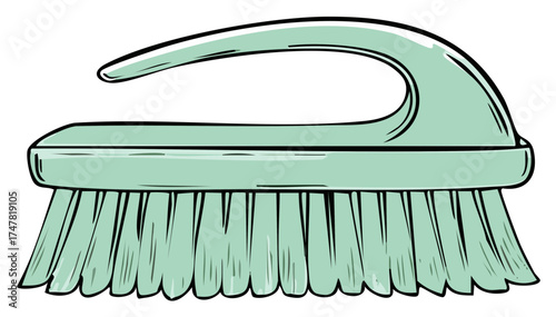 Hand drawn cartoon illustration of a mint green plastic scrub brush