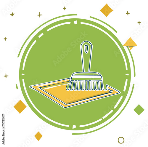 Cleaning supplies illustration in circle with dustpan and broom design.