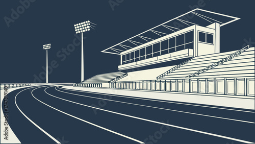 Illustration of a stadium with running track, bleachers, and tall lighting structures in the background