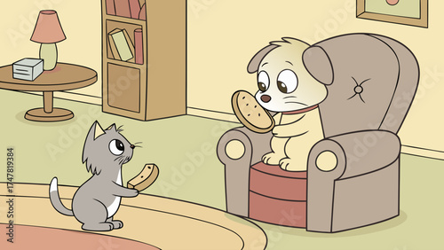 Cartoon scene of a cat offering a biscuit to a dog sitting in an armchair in a cozy living room space