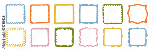 A collection of colorful hand-drawn square frames. Vector decorative borders for scrapbooking, greeting cards, invitations, photo albums, labels, posters, and creative design projects. 