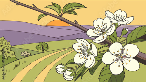 Cherry blossoms in bloom against a landscape with rolling hills and a warm sunset background scene