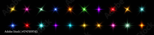 Collection of magical multicolor glowing stars. Sparkling points and luminous rays create a dreamy and festive atmosphere. Perfect for illustration, digital art, or abstract star decorations.