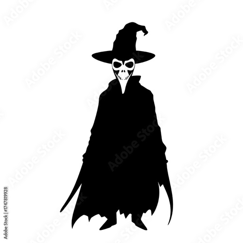 a silhouette of a plague doctor with a hat and cloak