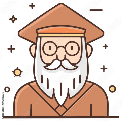 Cartoon scholar portrait with cap, mustache, and white beard against a simple background