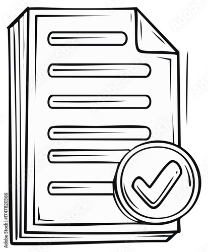 Hand drawn illustration of an approved document with a checkmark symbol for verification and compliance