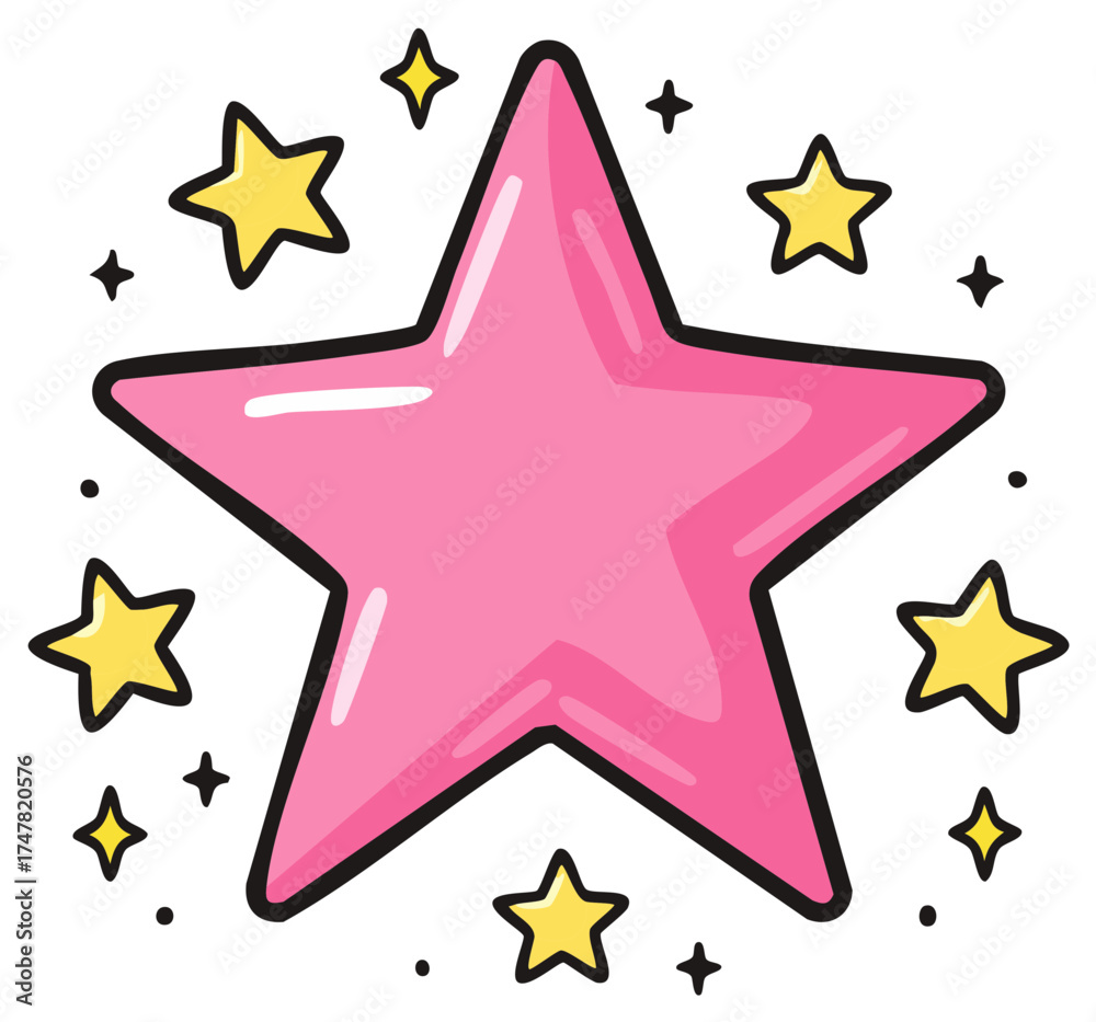 Obraz premium Cute Pink Star with Yellow Sparkles Cartoon Doodle Illustration