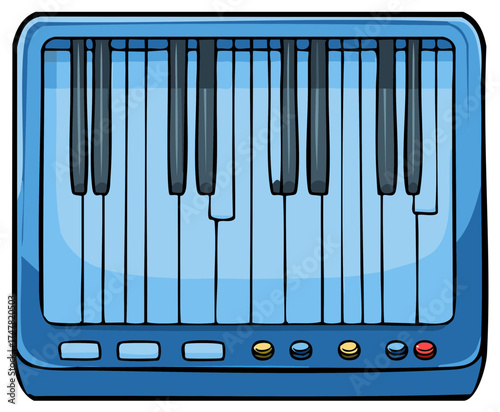 Blue cartoon piano with buttons illustration.  Music and instrument concept