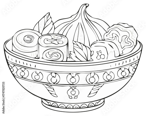 Bowl Filled with Various Sweets and Leafy Garnishes in an Illustrated Style