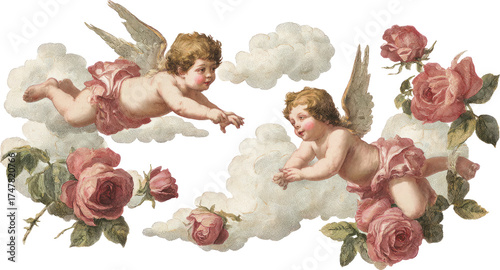 Playful vintage cherub angel flying on romantic cloud with pink rose