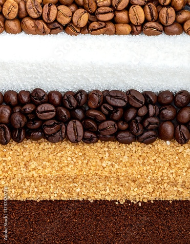 Vertical close-up of coffee beans, sugar, and grounds