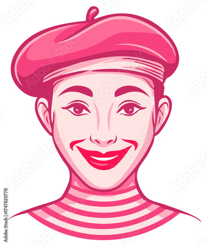Smiling mime with a beret, illustration of a theatrical performer.