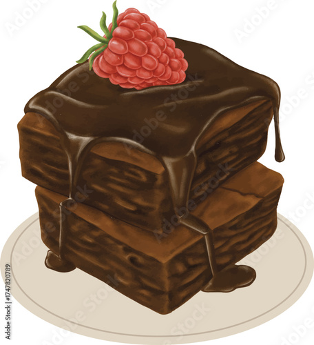 A delicious piece of chocolate sponge cake with raspberries isolated on a white background.