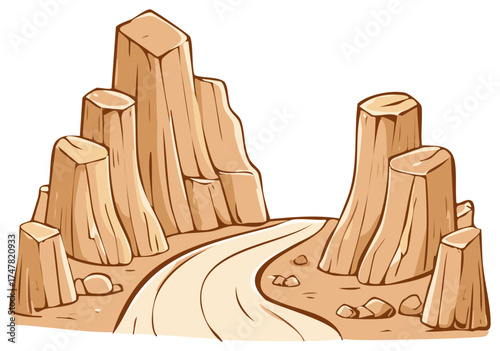 Cartoon Illustration of Desert Landscape with Rock Formations and Winding Road