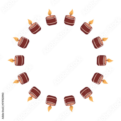 Cozy Candle Frame for Winter and Christmas Design. Round frame made of burning candles with warm flames, perfect for Christmas, winter, or cozy seasonal graphic designs.