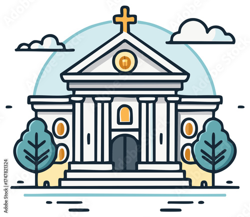 Stylized Illustration of a Classical Building with Cross, Columns, Steps, and Trees Against a Light Blue Sky
